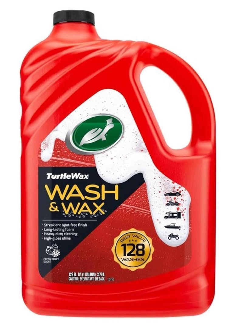 TurtleWax Turtle Wax Car Wash and Wax 3.79L (1 Gallon) High Foam Concentrate Shampoo with Long Lasting Shine, Hard Water Spot Protection, Acid Rain Defense, Streak Free Finish, Safe for Paint Glass Trim Wheels, 128 Washes Heavy Duty Cleaning Formula - Image 1
